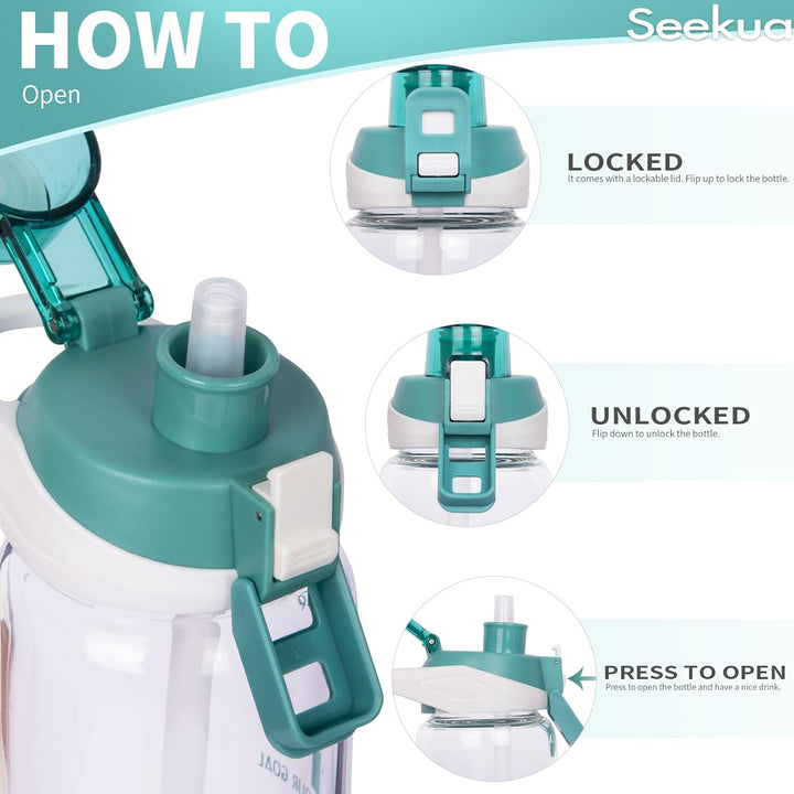 Seekua 0.8l Sport Trinkflasche Glas Flasche mit Strohhalm & Zeitmarkierung 800ml auslaufsicher bpa f