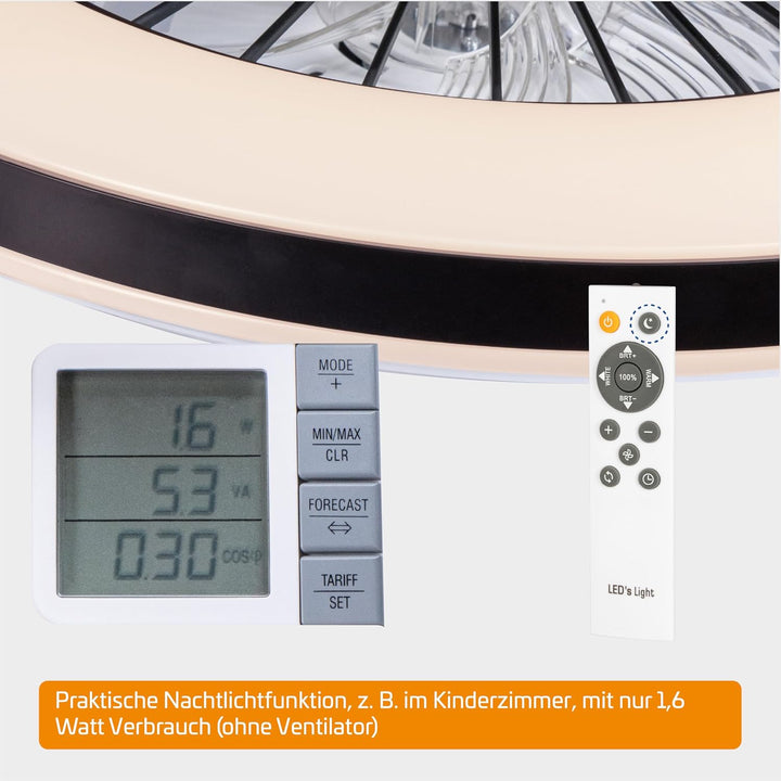 Proventa Deckenventilator mit Beleuchtung 45W - Ø 48cm, dimmbare LED Deckenleuchte mit Ventilator, w