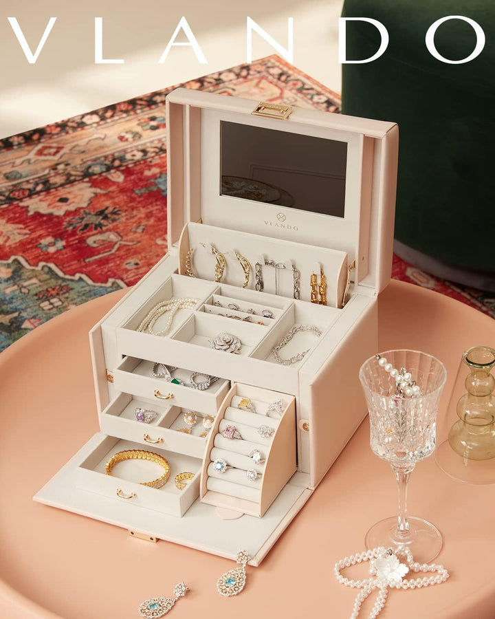 Vlando Faux Leather Jewellery Box, Hochleistungs-Schmuck-Organizer Aufbewahrungsbox mit 3 Schubladen