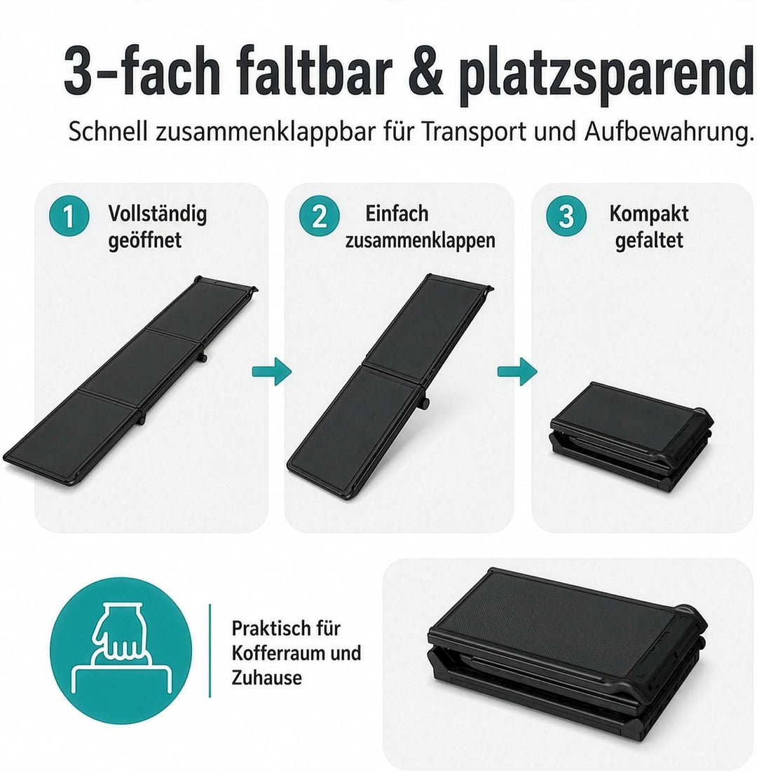 Wiltec Hunderampe 180 x 40 cm 50 kg 3-Fach faltbar rutschfeste Autorampe für Hunde, klappbare Einsti