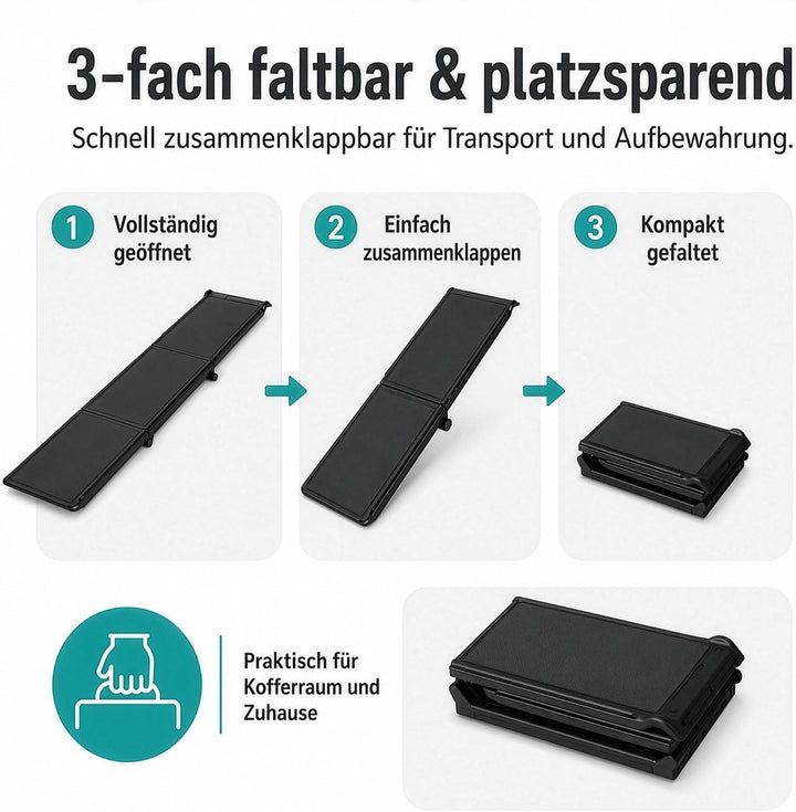 Wiltec Hunderampe 180 x 40 cm 50 kg 3-Fach faltbar rutschfeste Autorampe für Hunde, klappbare Einsti