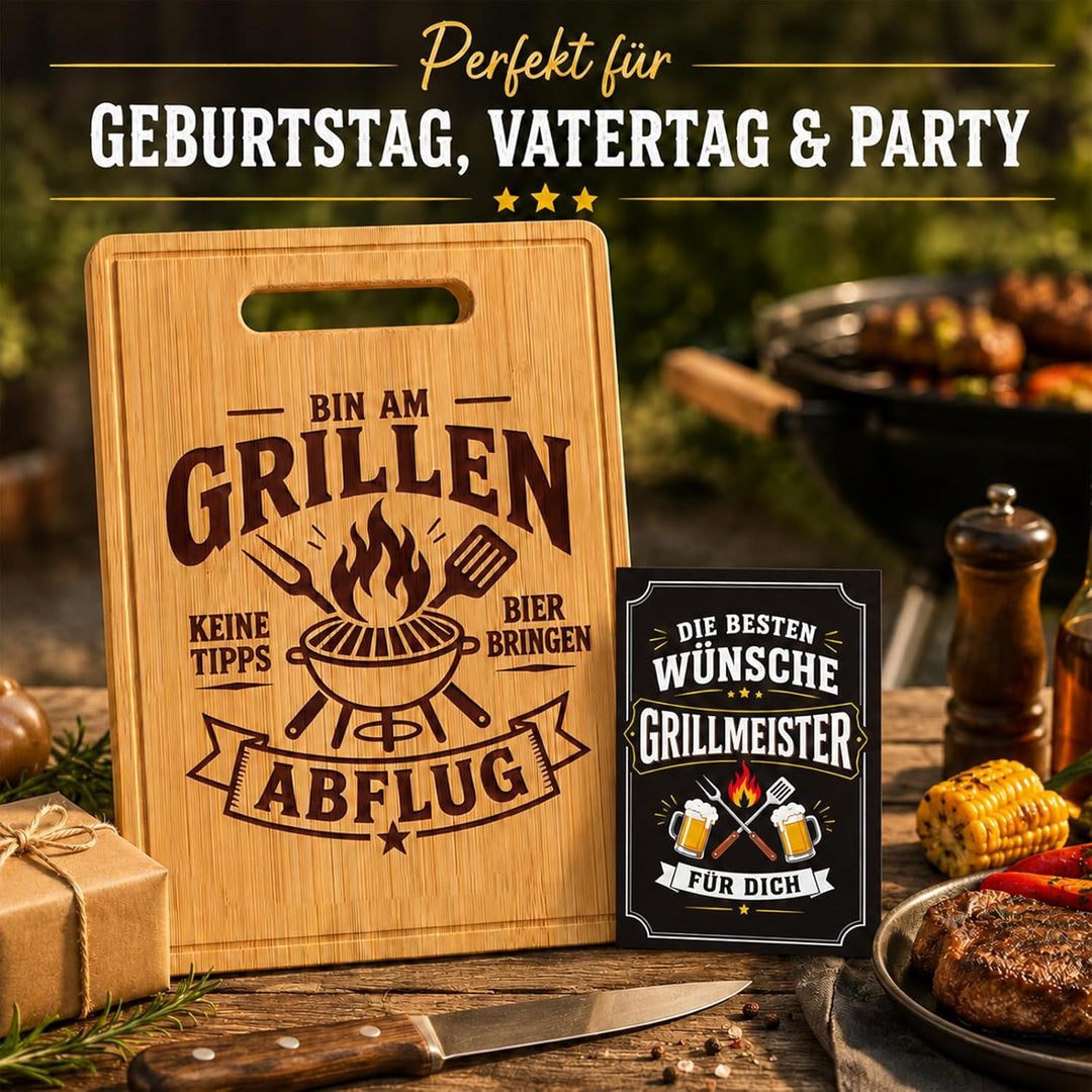 Geschenk für Männer, Bambus Grillbrett mit Grusskarte, lustiges Schneidebrett 32 x 22 x 1,5 cm, Gril