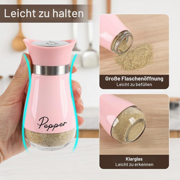 Salz und Pfefferstreuer Set, Salz und Pfefferstreuer Set mit Halter, 4 Stück Edelstahl und Glasflasc