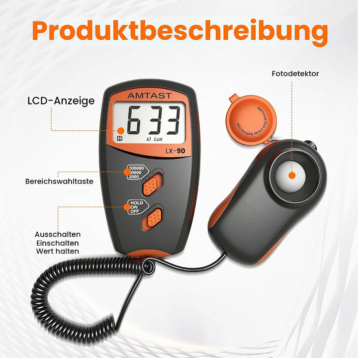 Digitale Luxmeter Lichtmessung Beleuchtungsmessgerät LX-90 Lichtmesser mit LCD-Display, Bereich 0-10