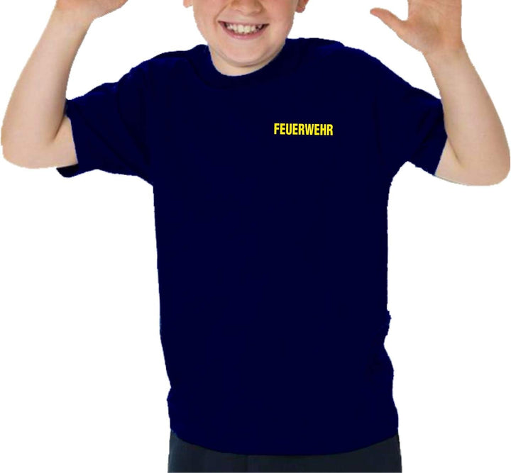 feuer1 Kinder T-Shirt Navy, Feuerwehr mit langem F (beidseitig) in Neongelb 128 Navy, 128 Navy