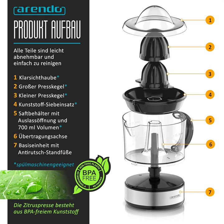 Arendo - elektrische Saftpresse 700 ml - Zitruspresse Orangenpresse Entsafter - 2 Presskegel – Klars
