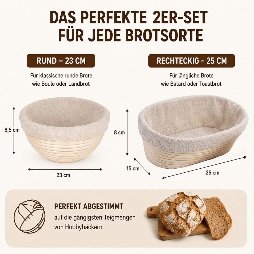 Premium Gärkörbchen Set 2-Teilig – 23cm Rund & 25cm Rechteckig Brotgärkorb aus 100% Ungebleichtem In