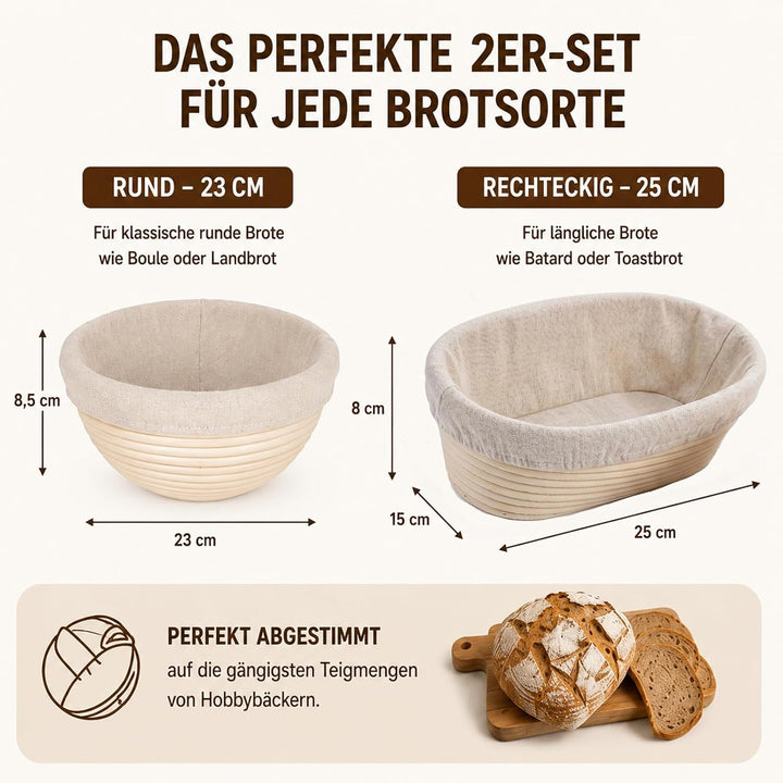 Premium Gärkörbchen Set 2-Teilig – 23cm Rund & 25cm Rechteckig Brotgärkorb aus 100% Ungebleichtem In