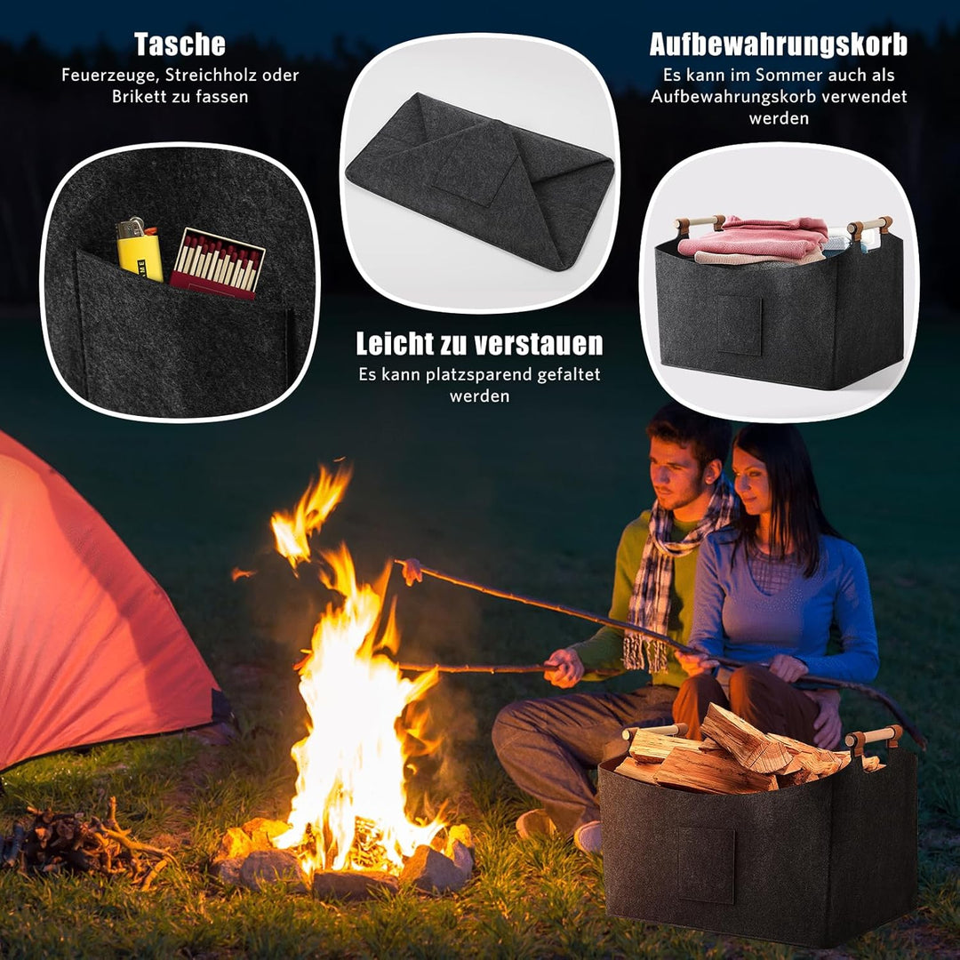 XXXL 100L Filzkorb Holzkorb für Kaminholz Brennholzkorb Faltbare Filztasche mit rutschfester Griffe