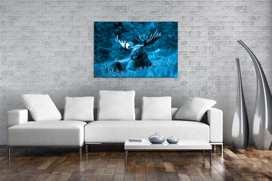 deyoli ruhig liegender Elch Format 120x80 Effekt: Monocrome Blau als Leinwandbild, Motiv fertig gera