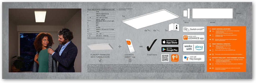 LEDVANCE Smarte LED Deckenleuchte, Panel für Innen mit WiFi Technologie, Lichtfarbe änderbar (3000K-
