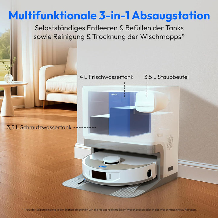 MEDION Saugroboter mit 3-in-1 Absaugstation, Lasernavigation und Wischfunktion X55 SW+ (Starke 10000