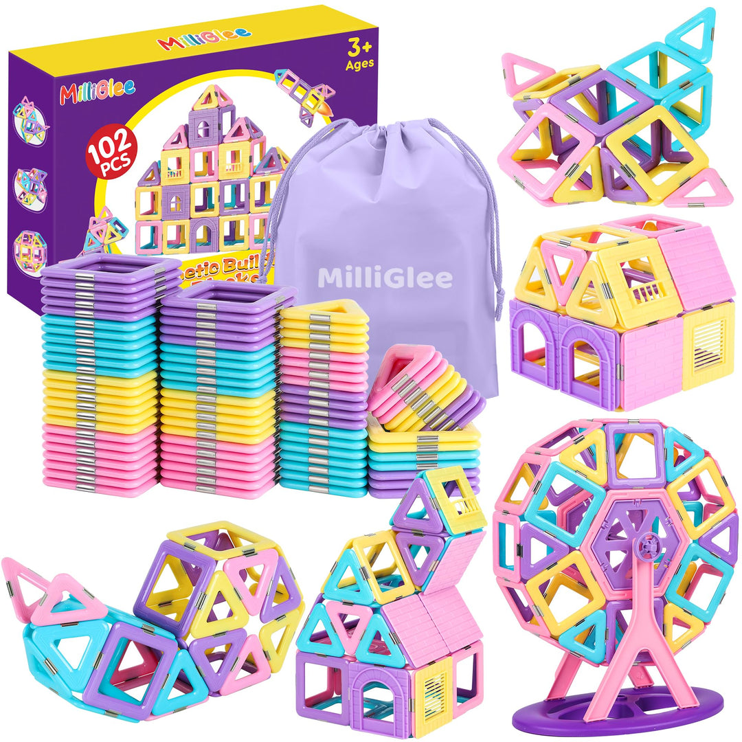 MilliGlee Magnetbausteine - 102 Teile Magnete Spielzeug für Kinder mit Aufbewahrungstasche Magnete K
