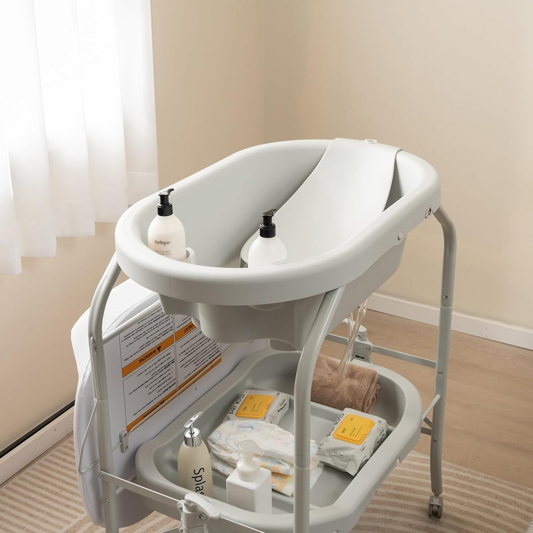 LIFEZEAL Wickeltisch mit Badewanne, 2 in 1 Flatbare Bade-Wickelkombination auf Räder, Badewannenaufs