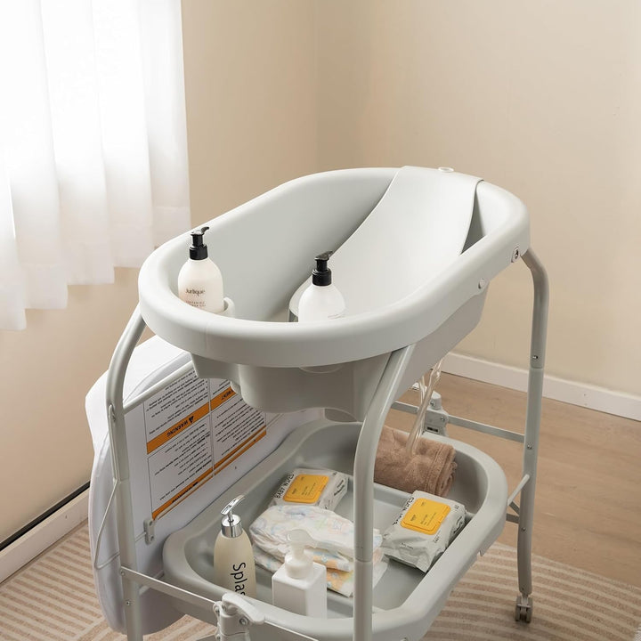 LIFEZEAL Wickeltisch mit Badewanne, 2 in 1 Flatbare Bade-Wickelkombination auf Räder, Badewannenaufs