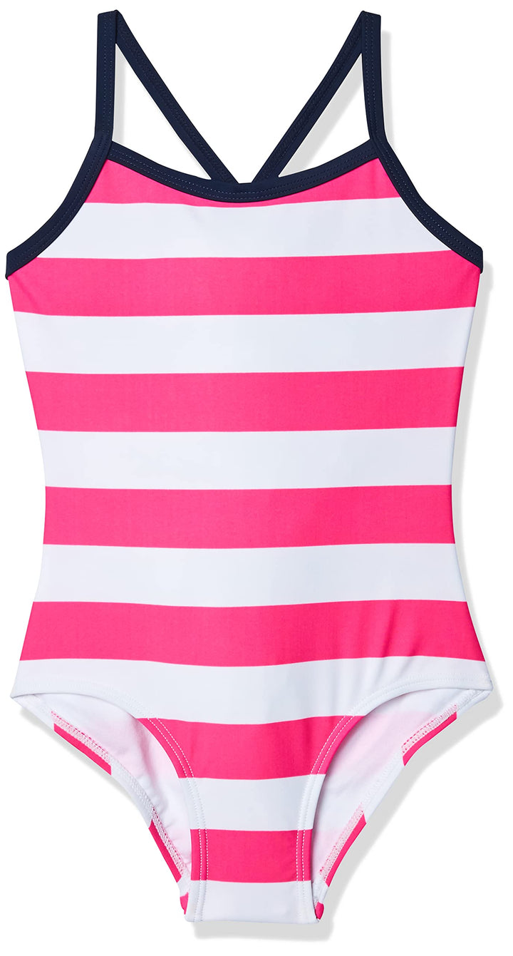 Kanu Surf Girls' Big Beach Sport Banded 1 Piece Swimsuit, Layla Pink Stripe, 7