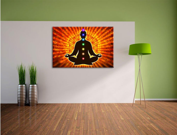 Pixxprint Meditation mit den 7 Chakren / 100x70cm Leinwandbild bespannt auf Holzrahmen/Wandbild Kuns