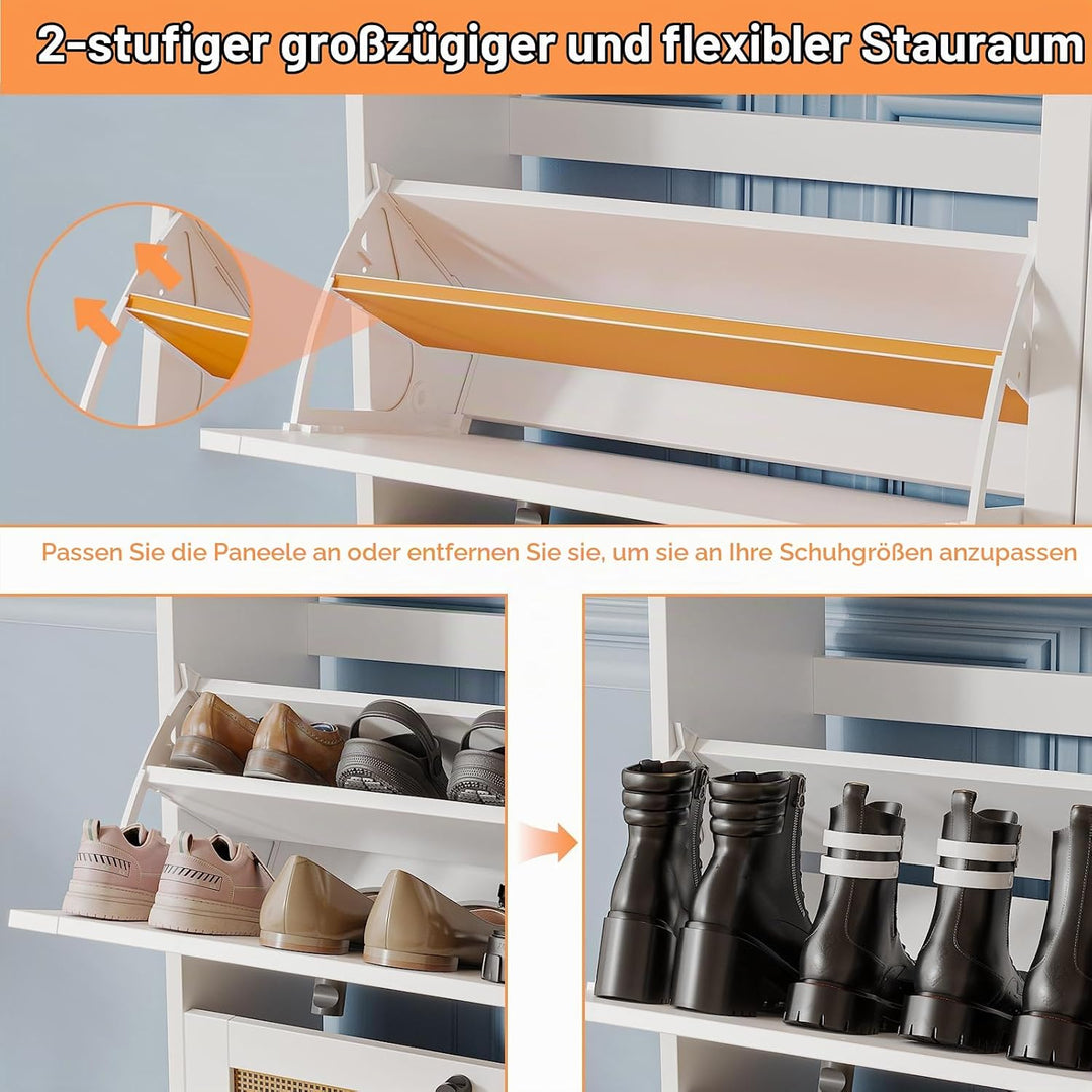 Rattan Schuhkipper mit 4 Klappen, Schuhkommode Flur Schmal, Natürliches Rattan Schuhschrank Schmal f