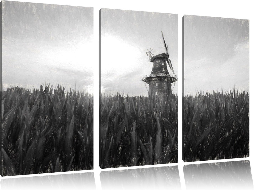 Pixxprint schöne Windmühle auf dem Feld Kunst Kohle Effekt 3-Teiler Leinwandbild 120x80 Bild auf Lei