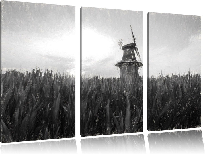 Pixxprint schöne Windmühle auf dem Feld Kunst Kohle Effekt 3-Teiler Leinwandbild 120x80 Bild auf Lei