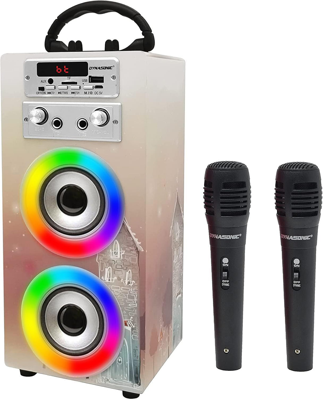 DYNASONIC Karaoke mit 2 Mikrofonen, tragbarer Karaoke-Maschine, Bluetooth-Lautsprecher, USB- und SD-
