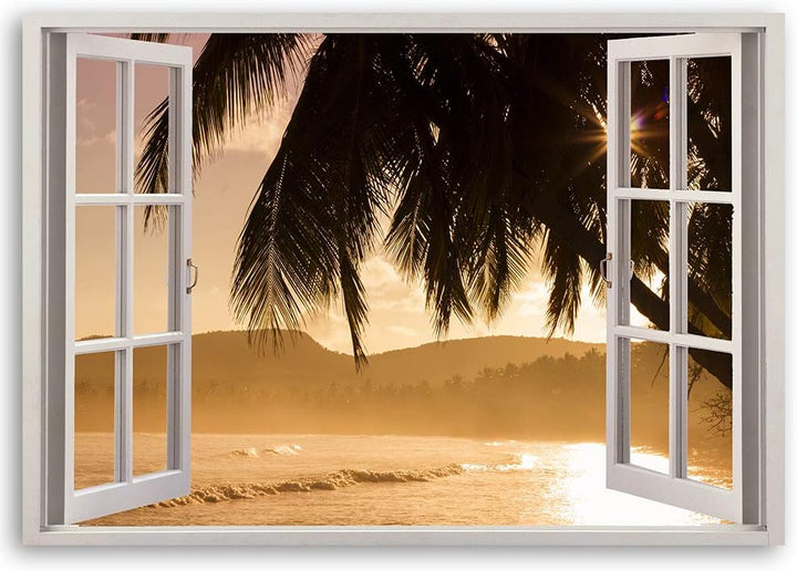 Leinwandbild XXL Palme Wandbild Kunst Fenster-Illusion Braun 120x80 cm Leinwandbild 120x80 cm Braun_