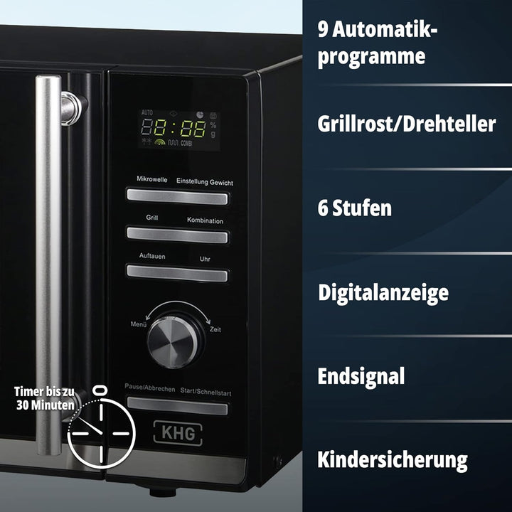 KHG Mikrowelle MW-23.1GS mit Grill 23L aus Metall in schwarz, 9 Automatikprogramme, bis 1.400 Watt,