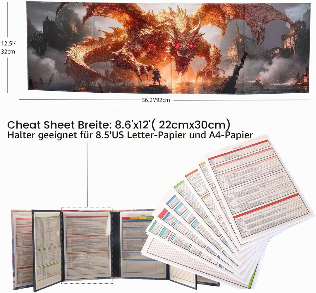 DND DM Screen 8 Panels with Embossed Fabric 2 Swinging Wet Erase Pockets and 8 Cheat Sheets Dungeon