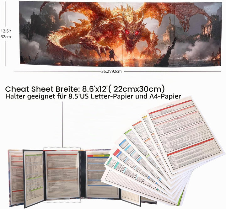 DND DM Screen 8 Panels with Embossed Fabric 2 Swinging Wet Erase Pockets and 8 Cheat Sheets Dungeon