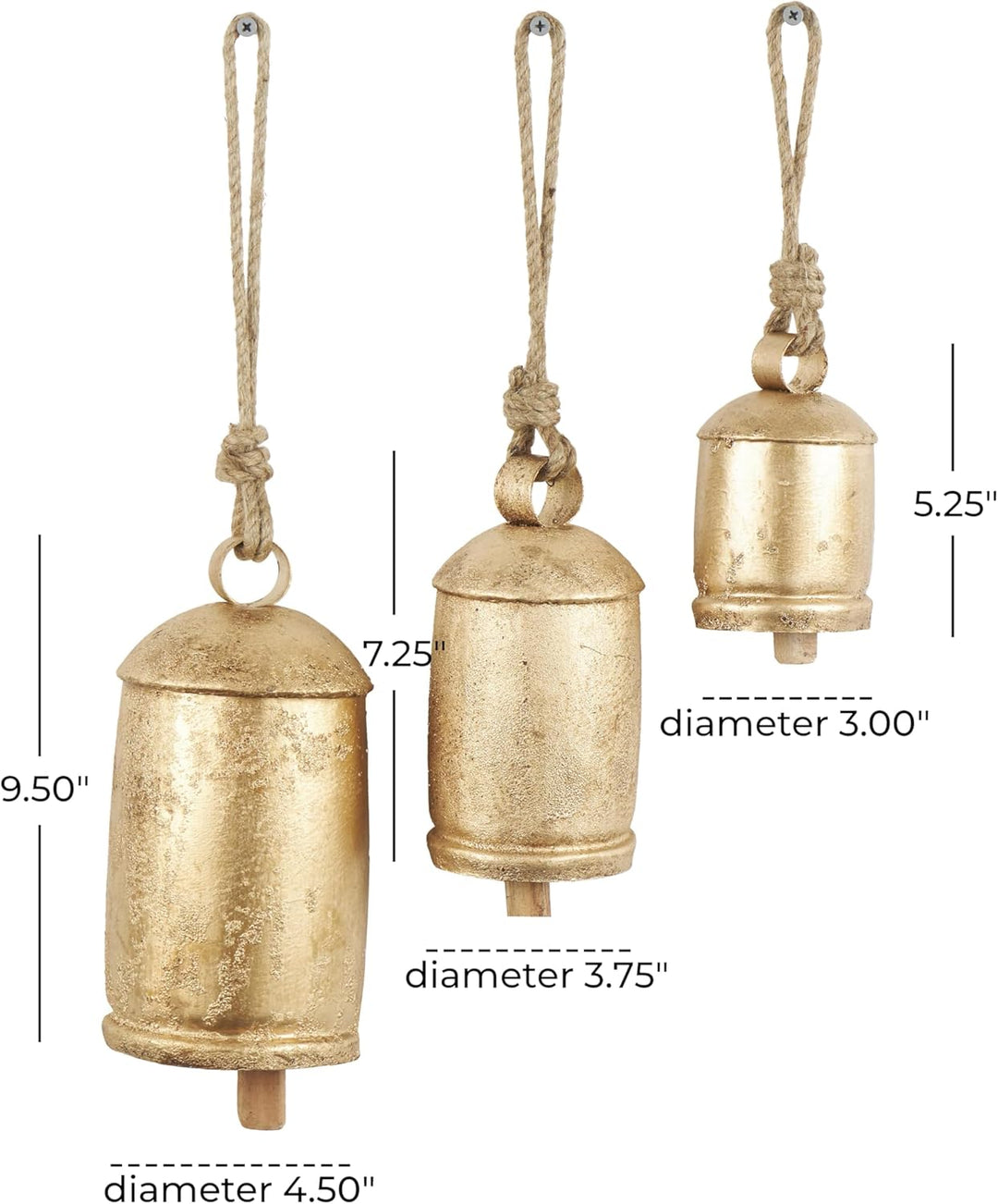 Deco 79 Dekorative Kuhglocken im tibetischen Stil aus Metall mit Jute-Hängeseil, 3er-Set, 25,4 cm, 2