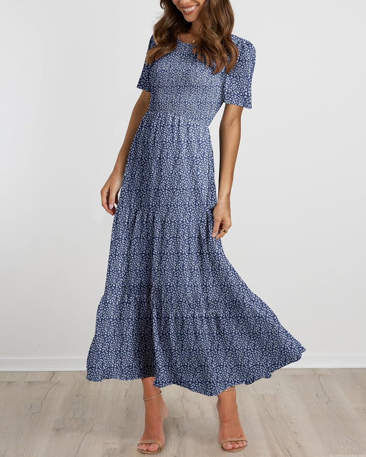 BTFBM Lässiges Sommerkleid für Damen, kurzärmelig, mit Rundhalsausschnitt, Boho-Stil, mit Blumendruc