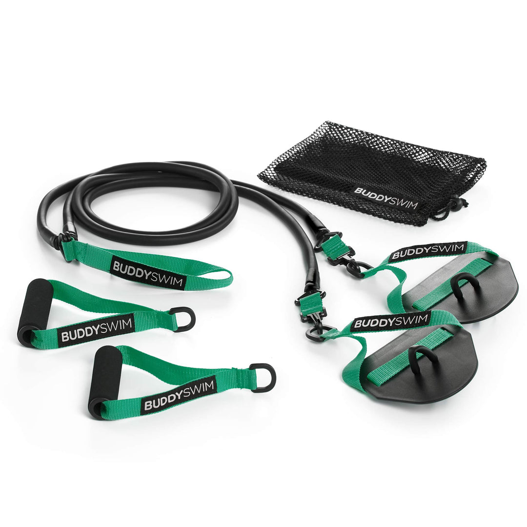 Buddyswim Super Stroke Dryland Cords Widerstandsgummis mit austauschbaren Griffen und Paddles. Elast