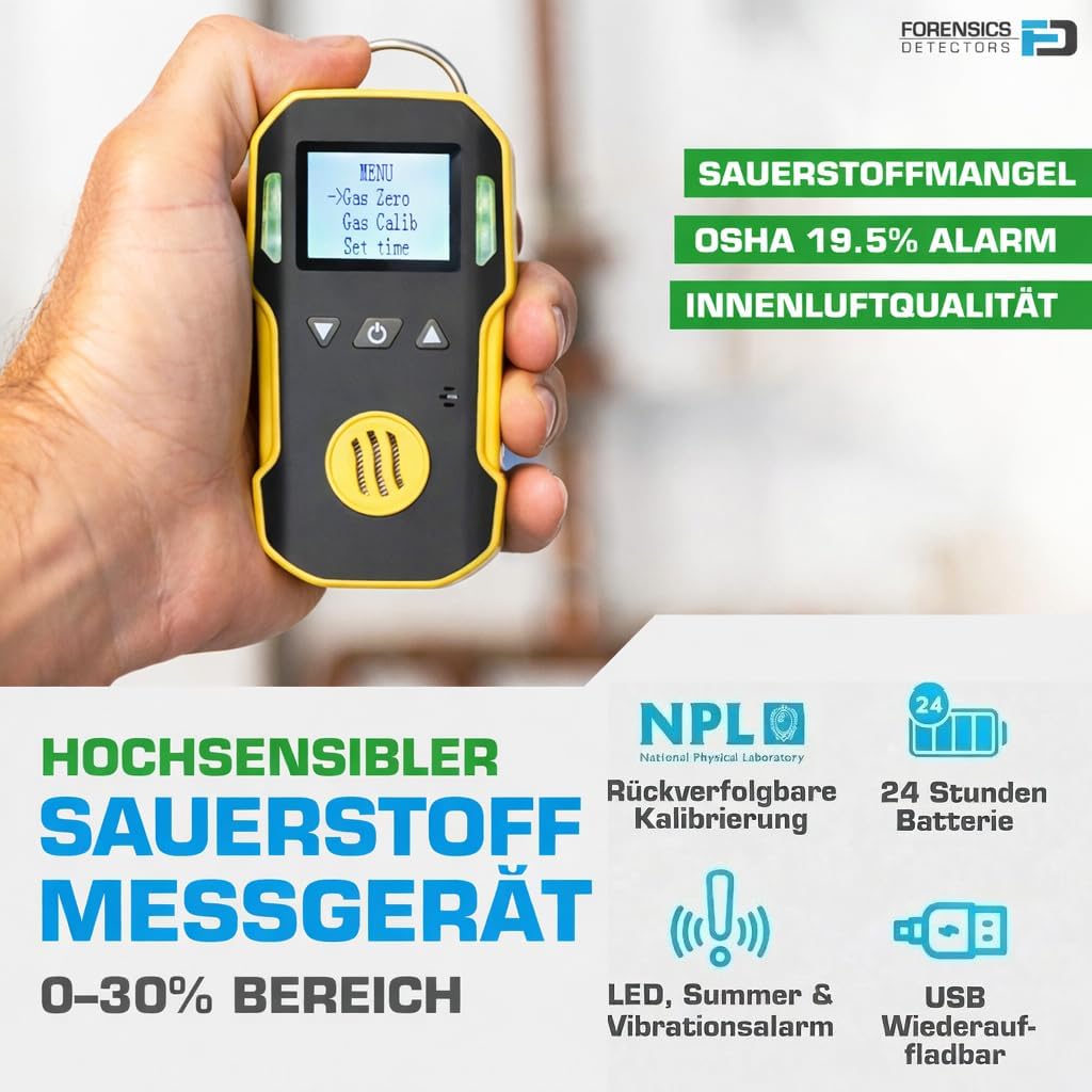 FORENSICS Sauerstoff O2 Detektor & Analyzer | Ton, Licht und Vibration Alarm | 0-30% O2