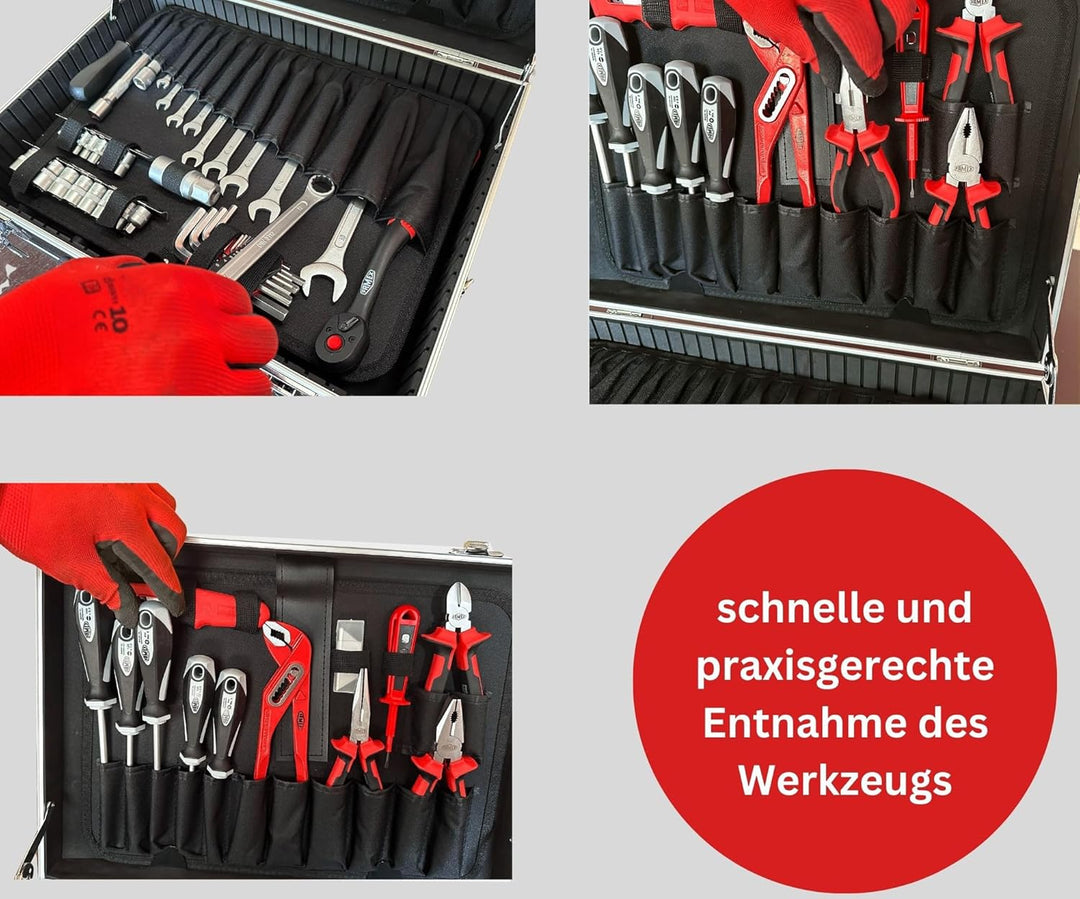 FAMEX 745-46 Alu Werkzeugkoffer gefüllt bestückt mit hochwertigem Werkzeug Set - Werkzeugkasten, Wer
