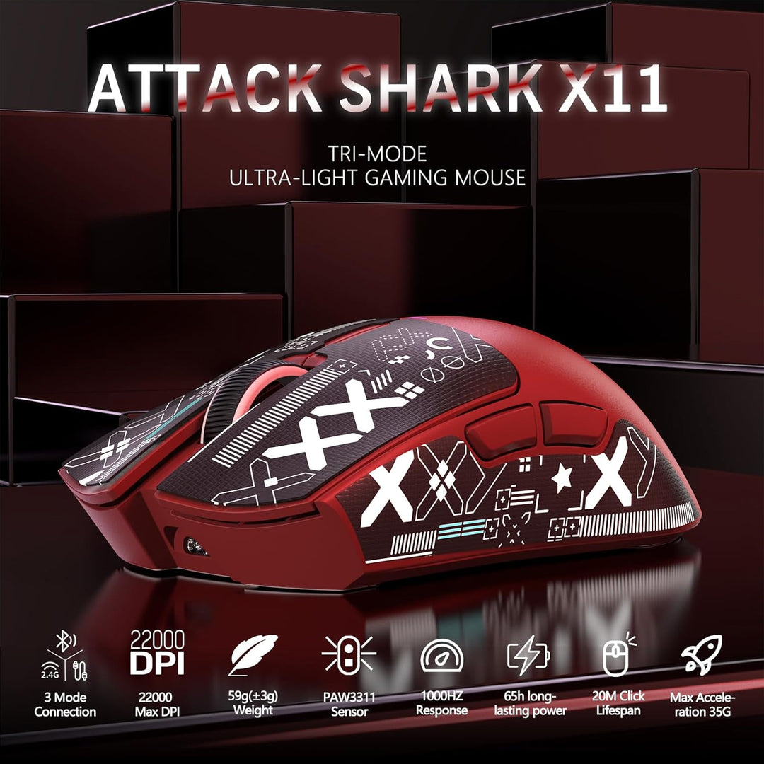 LexonElec x Attack Shark X11 Kabellose Gaming-Maus mit RGB Magnetische Ladestation, PixArt PAW3311-S