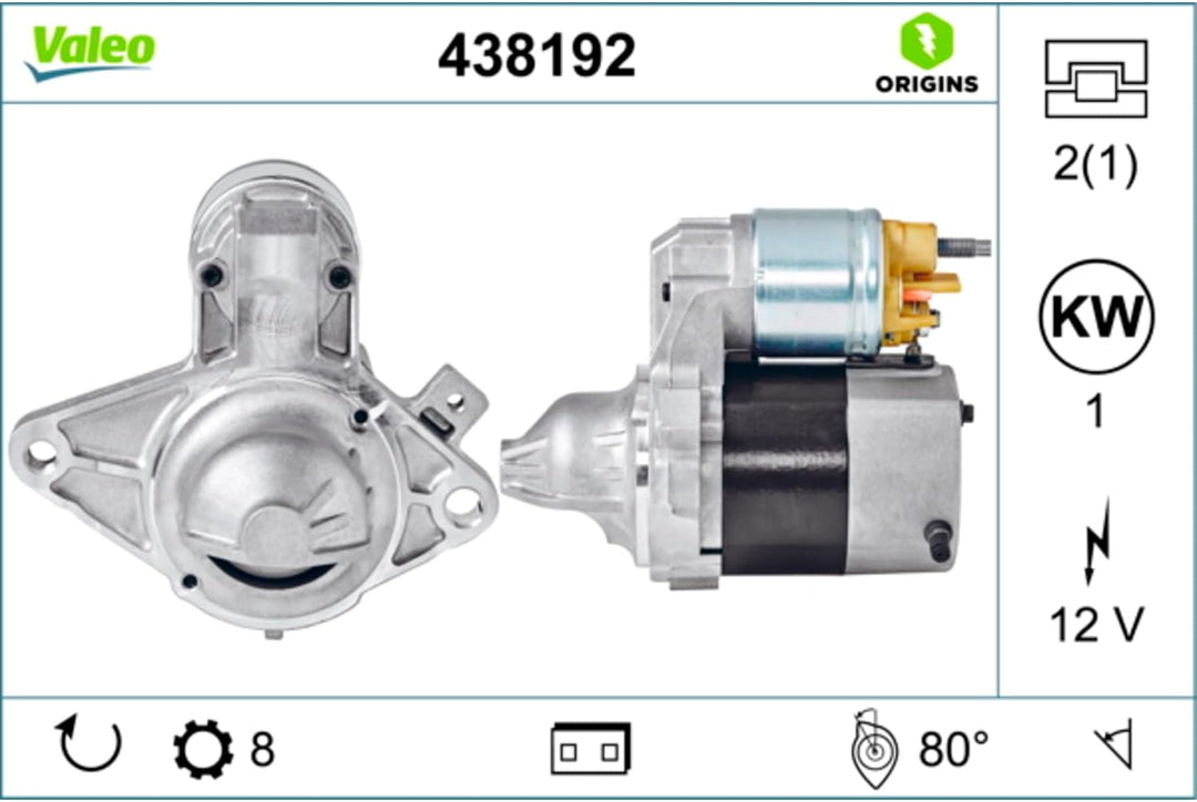 VALEO 438192 Starter Nennleistung: 1 kW Stop & Start: NO Zähnezahl: 8 zähne Spannung: 12 V Drehricht