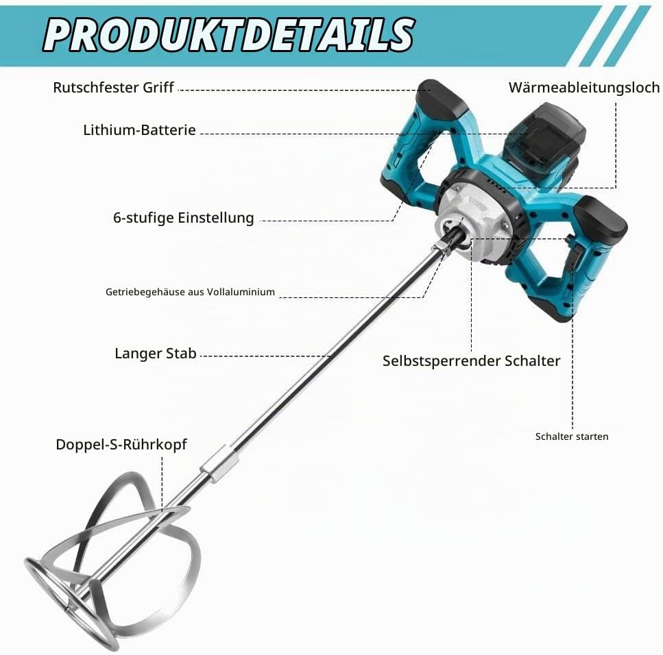 Akku Farbmörtelrührer Kompatibel mit Makita Batterie, 3200W Mehrzweck Brushless Betonrührer mit Rühr