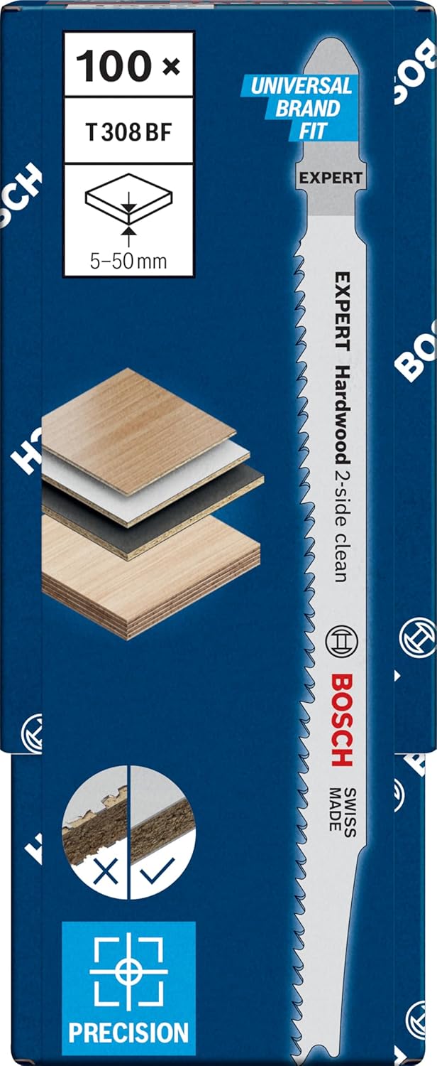 Bosch Professional 100x Stichsägeblatt Expert ‘Hardwood 2-Side Clean’ T 308 BF (für Kunststoffbeschi