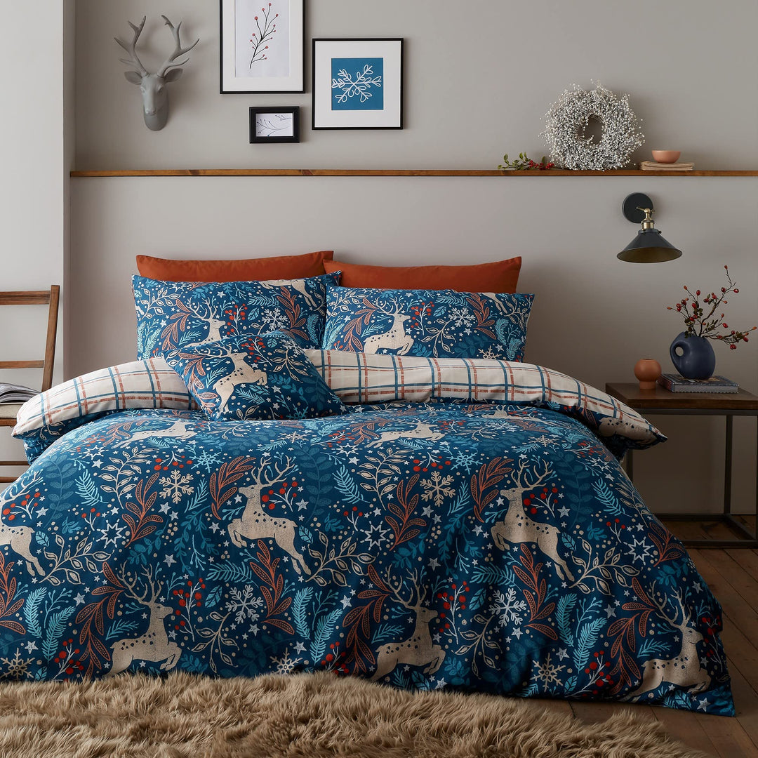 Happy Linen Company Bettwäsche - winterliches Design mit Hirsch-Motiven - wendbar - Blau - Bettwäsch