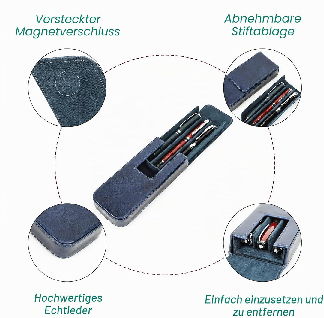 Hiram Leder-Füllhalteretui, Leder-Füllhalterbox für 3 Stifte mit Verstecktem Magnetischem Schnappver