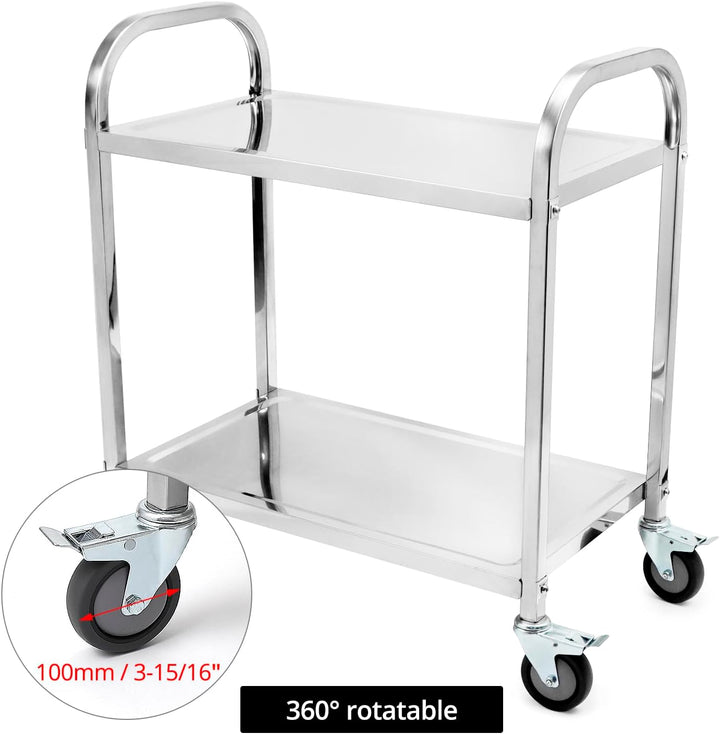 QWORK® 2-Etagen Edelstahl Servierwagen Teewagen Reinigungswagen - 75 x 40 x 83,5 cm - Leise Räder mi