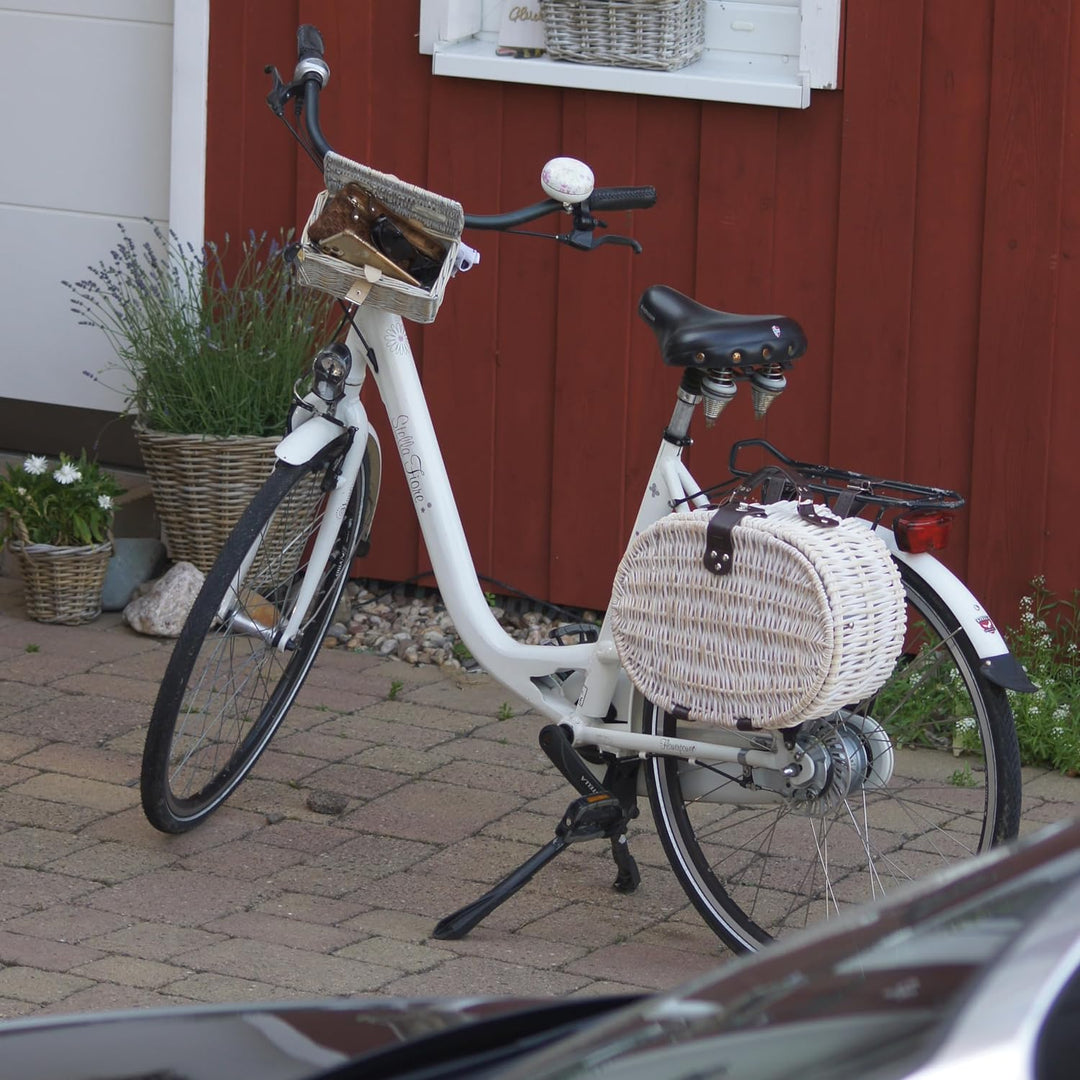 UNUS Fahrradkorb/Picknickkorb oval weiss Kühlfunktion mit passenden Besteck Porzellan 2 Personen