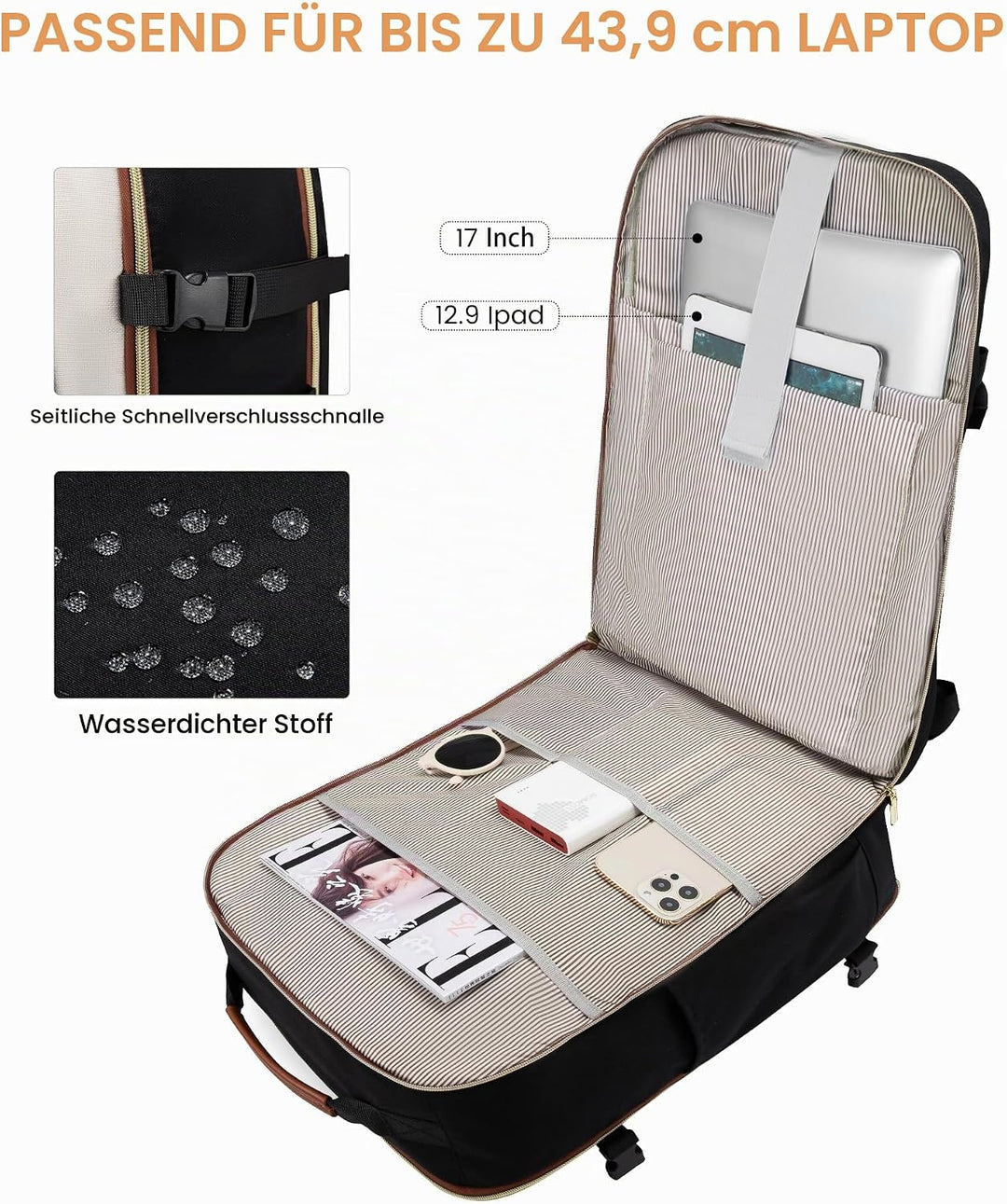 LOVEVOOK Handgepäck Rucksack Flugzeug, Reiserucksack Damen Gross 40L Herren Wasserdicht, Laptop Back