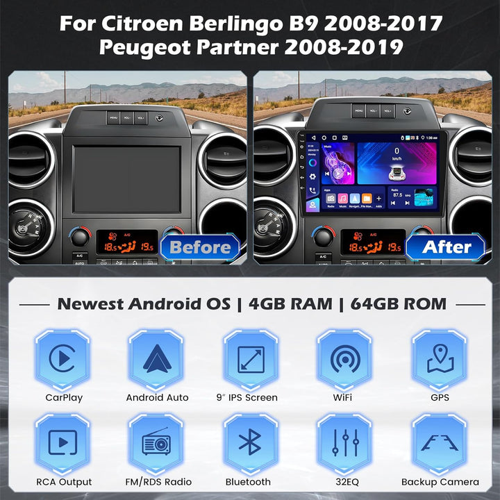 Hikity 4G+64G Android 15 Autoradio für Citroen Berlingo B9 2008-2017/Peugeot Partner 2008-2019 mit 9