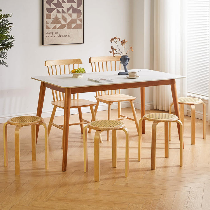 IBUYKE Oberfläche des Rattanstuhls 4er Set Esszimmerhocker, Holzstapelstuhl mit Rutschfester Matte,