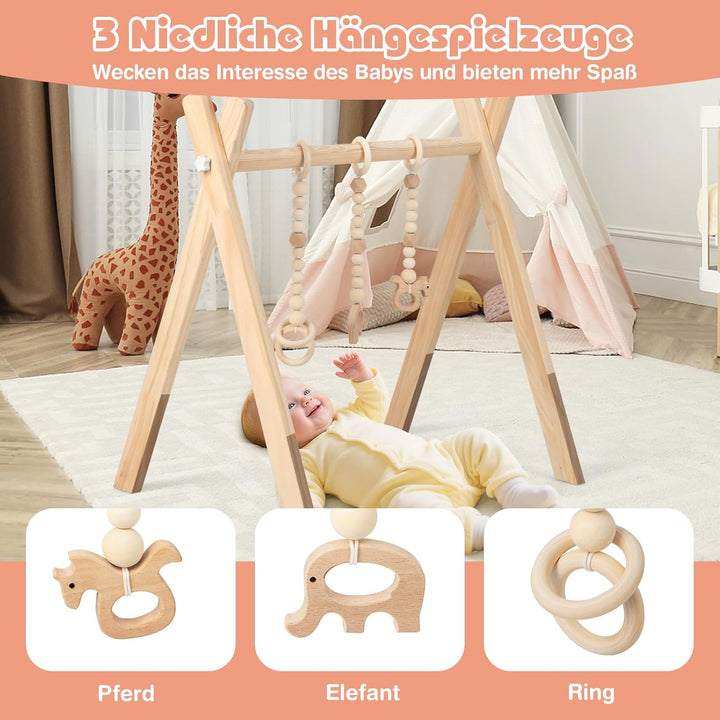 COSTWAY Baby Spielbogen Holz, Spieltrapez klappbar, Baby Gym mit 3 abnehmbaren Kinderspielzeugen, Sp