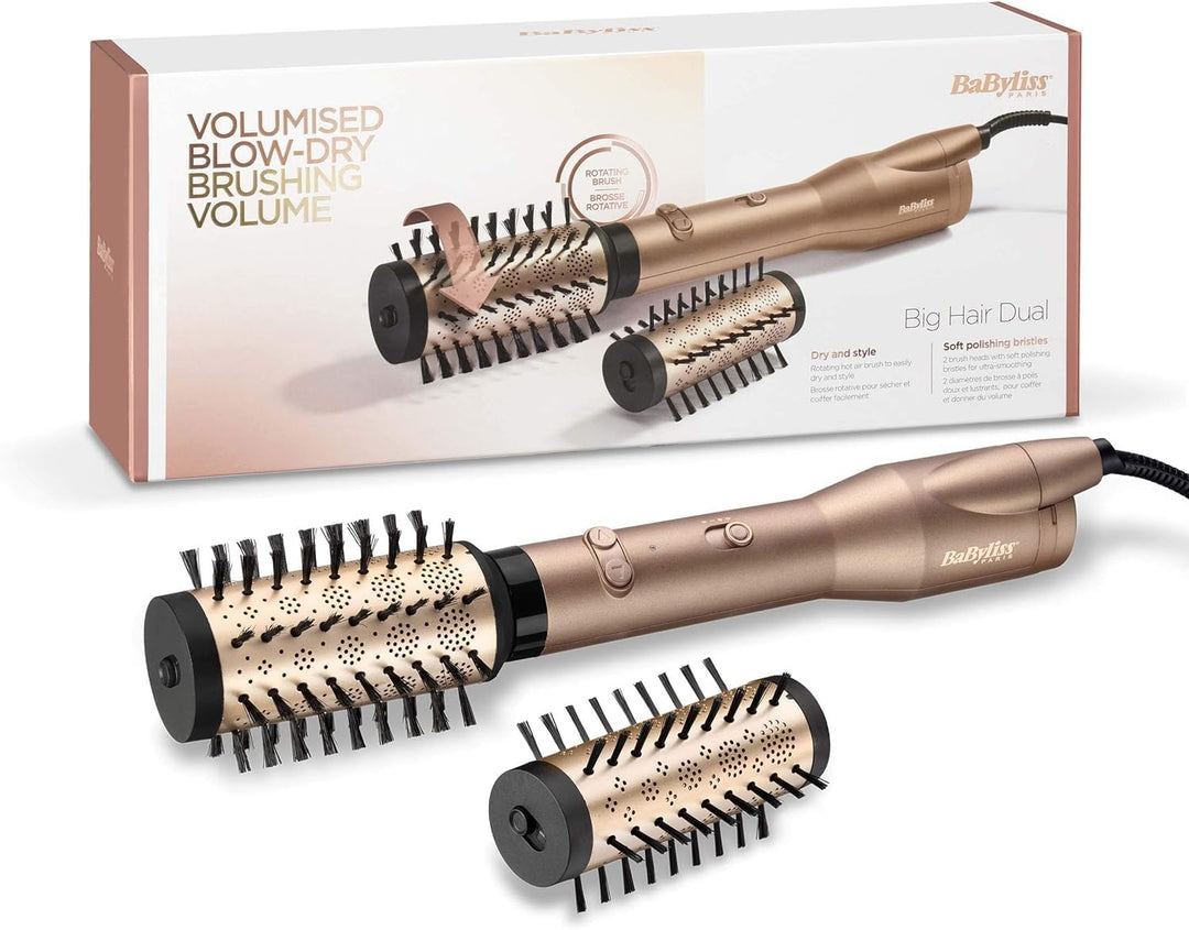 BaByliss Big Hair Dual Rotierende Warmluftbürste, mit Ionen-Technologie, 2 Aufsätze, Champagner, AS9
