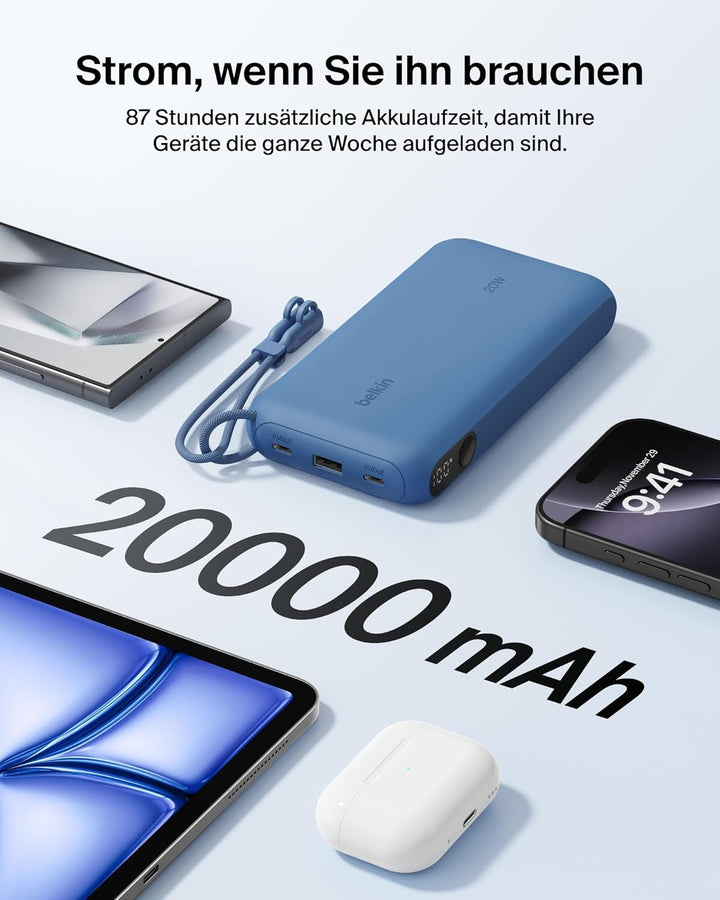 Belkin BoostCharge 20000mAh Power Bank, Digitale Akkuanzeige – Blau | 20K Powerbank, 2 USB-C, 1 USB-