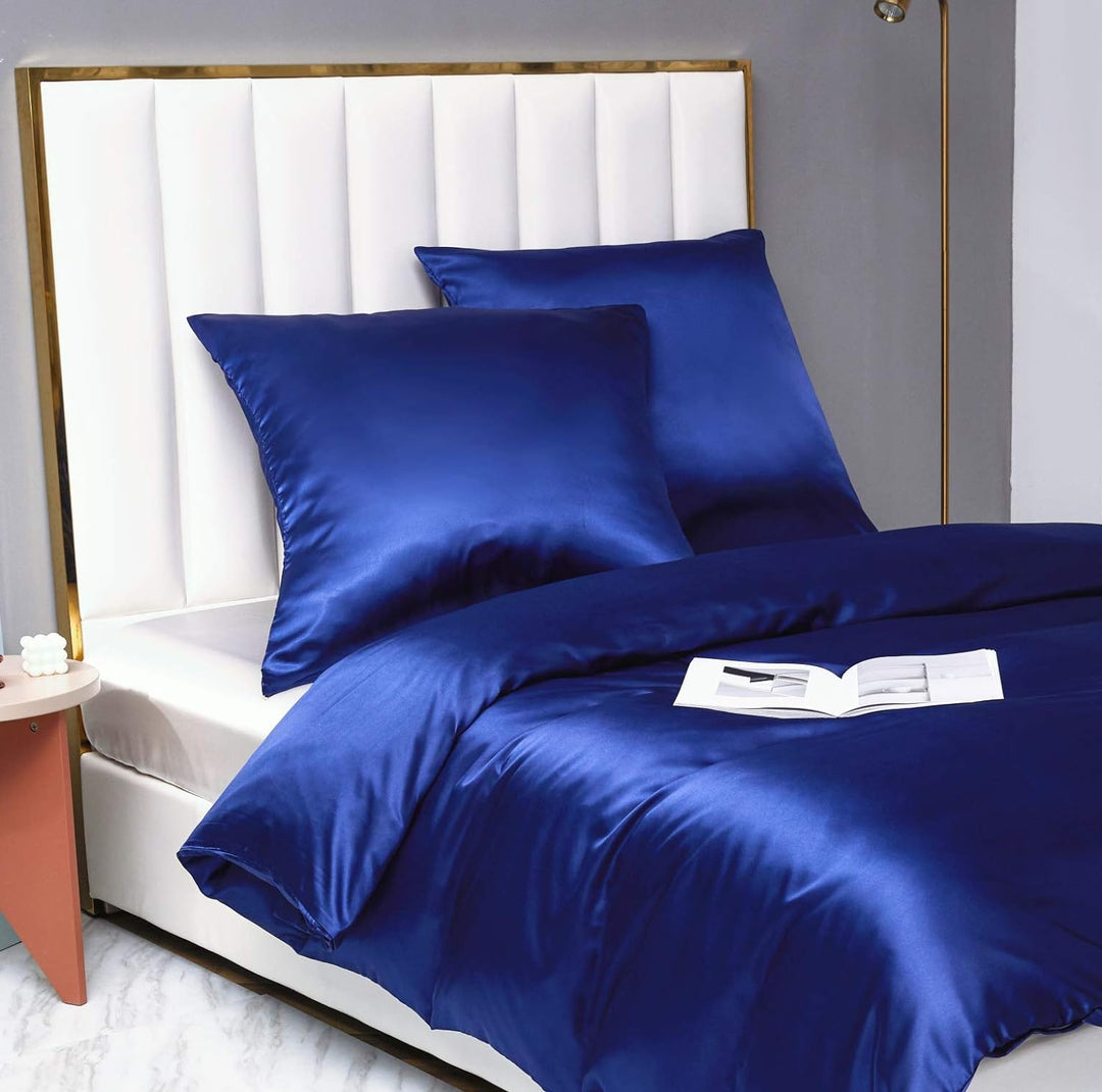 Damier Bettwäsche 155x220cm Blau Satin Bettwäsche Set 2 Teilig Hochwertiges Satin Uni Einfarbig Deck