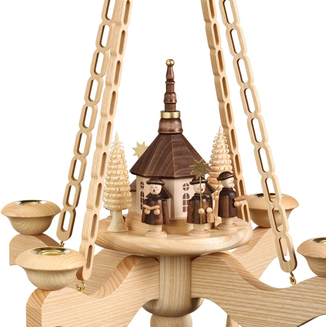 Deckenpyramide Hängepyramide Kurrende mit Kirche #0850 inkl. 4 Teelichtaufstecker Echt Erzgebirge®